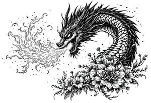 majestic scary dragon blowing fire with flowers tattoo idea