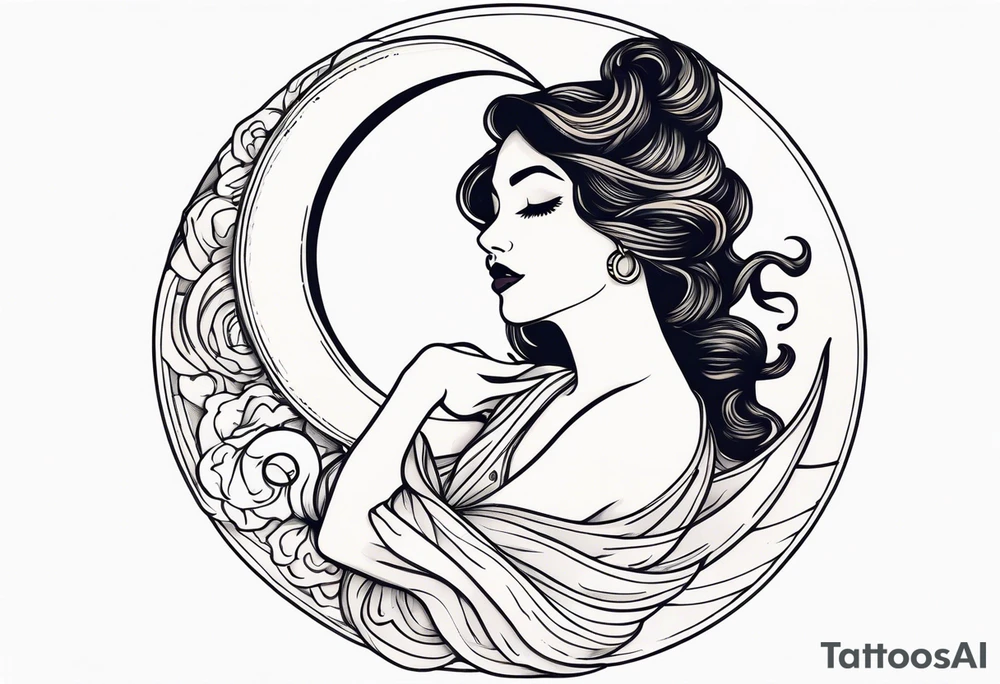 Hot woman in dress riding a crescent moon tattoo idea