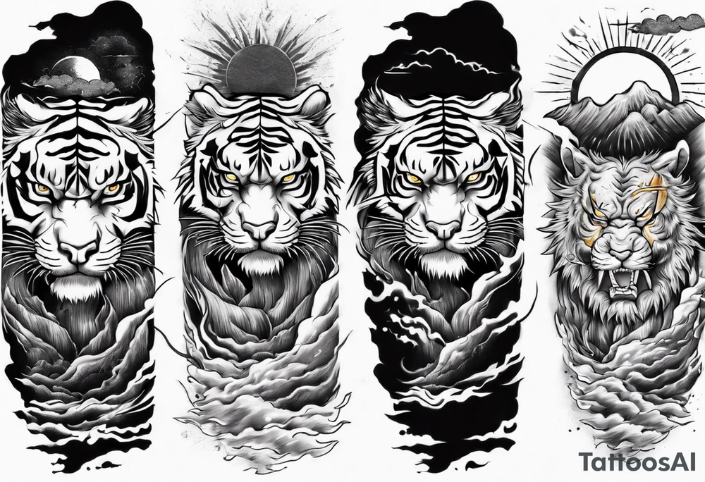 tiger warrior with lightning and the sun for a forearm sleeve tattoo idea