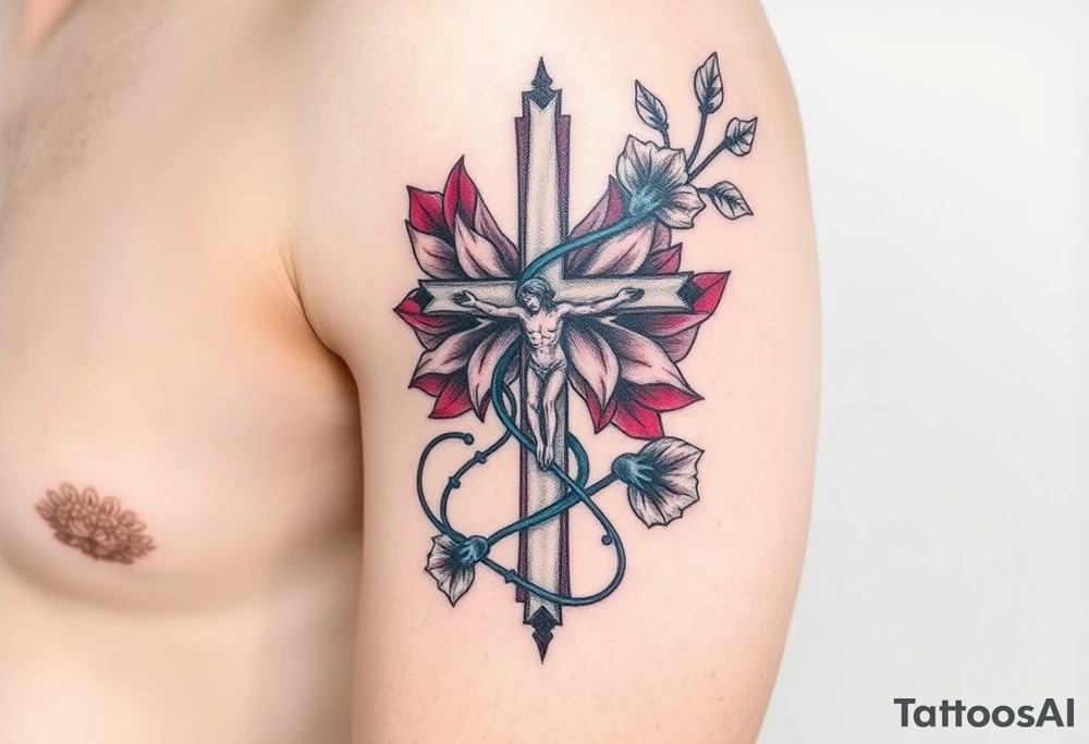 A Crucifix Wrapped in Lotus Vines (only red , blue and black are possible colors) tattoo idea