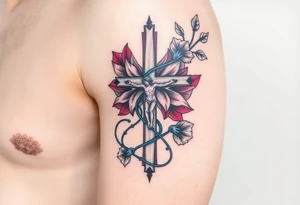 A Crucifix Wrapped in Lotus Vines (only red , blue and black are possible colors) tattoo idea