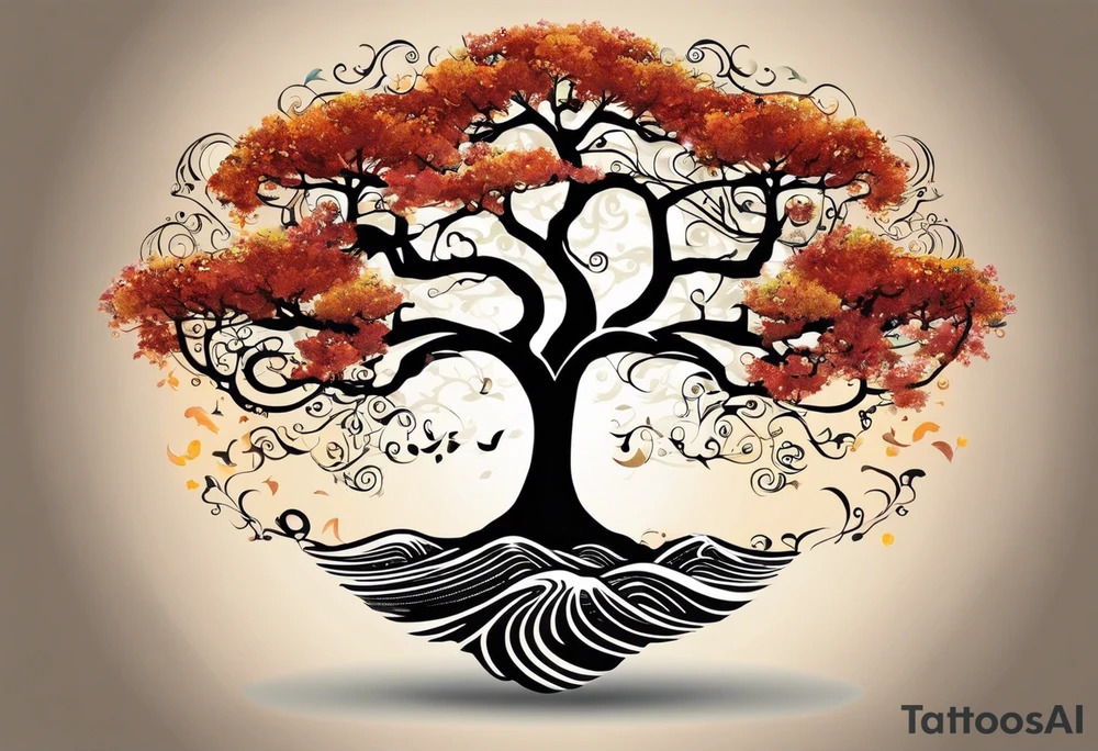 an abstract Tree of Life tattoo. It should have roots growing out of the bottom. The roots slowly turn into water from the Great Wave by Hokusai. A golf flag should be placed discreetly growing out of the ground. 2 license plate tags should be hanging from the tree. Place a few music notes in the areas the leaves should be. The letters A U should be engraving into the tree trunk in a heart. Black and white only. tattoo idea