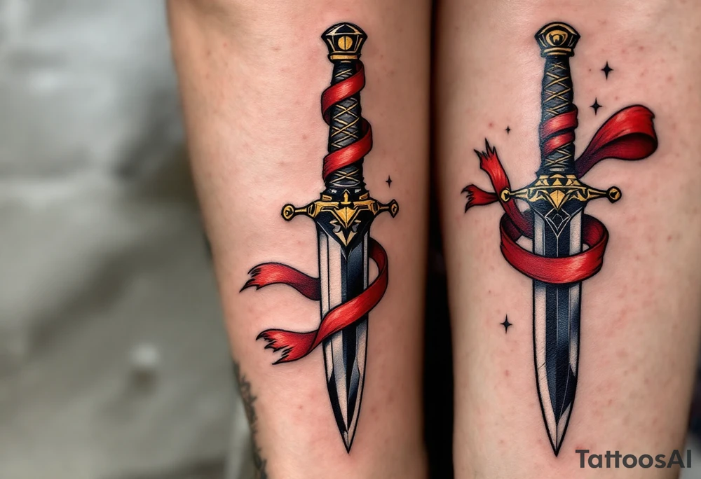 Traditional Sailor Dagger – A classic dagger design with a red ribbon wrapped around the hilt, the blade in bold black ink with hints of navy blue for shading. The handle is adorned with a golden anchor motif. tattoo idea