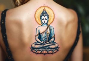 Sitting Buddha with halo in pastel blues and gold, embodying calmness and spiritual awakening. tattoo idea