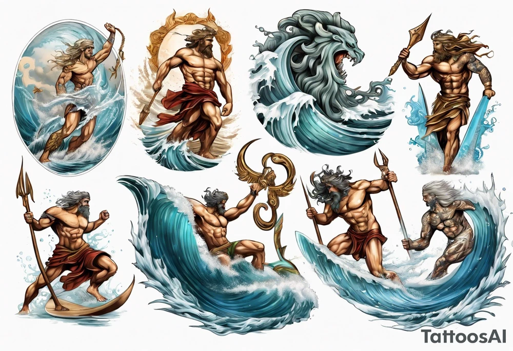Ancient Greek gods of the sea fighting with surfer  and trident tattoo idea