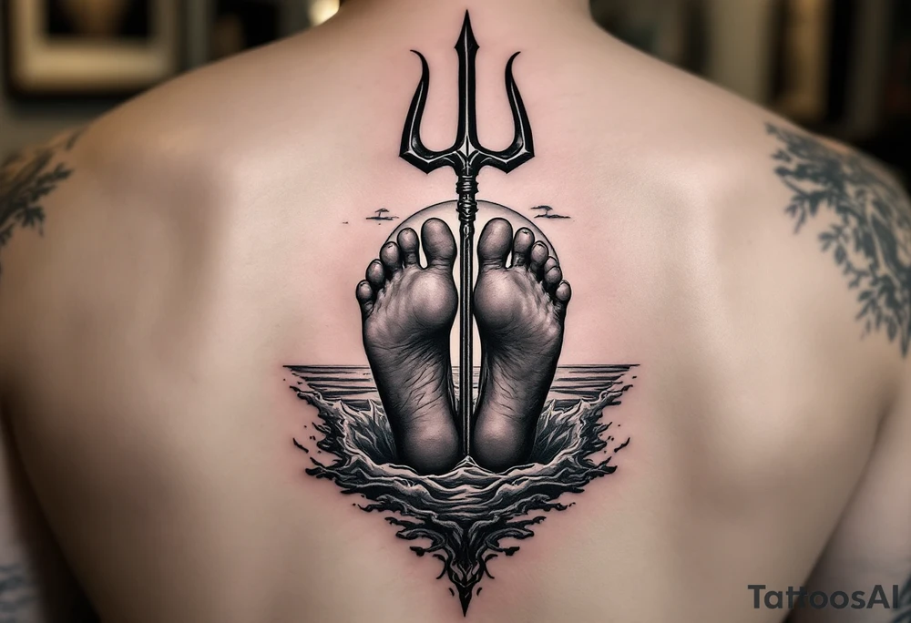 barefeet behind trident with water and sunset tattoo idea