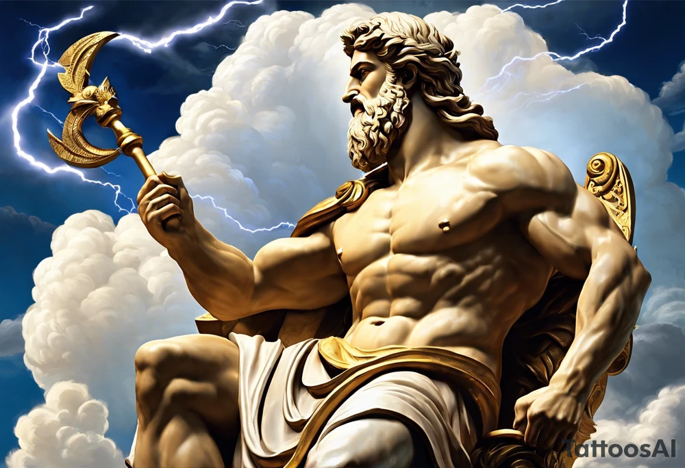 Zeus (Left Shoulder):

Zeus depicted in a seated position on a throne of clouds, holding a thunderbolt aloft in one hand.
The background could feature storm clouds with lightning bolts arcing across the sky.
Eagles, symbols of Zeus, soaring around him or perched on the throne's armrests.
Poseidon (Left Upper Arm):

Poseidon riding a chariot pulled by sea horses, with waves crashing around them.
Poseidon wielding his trident with a powerful stance, commanding the sea.
Dolphins and fish swimming through the waves, along with swirling patterns to represent the movement of water.
Hades (Left Forearm):

Hades seated on a dark throne in the underworld, surrounded by shadowy figures.
Flames flickering in the background, casting an eerie glow on Hades's features.
Ghostly apparitions and skeletal figures emerging from the darkness, representing souls in the underworld.
Transition and Unity:

Lightning bolts from Zeus's domain gradually transitioning into crashing waves representing Poseidon's domain.
Wisps of shadow and mist creeping in from the underworld, blending seamlessly into the darkness surrounding Hades. tattoo idea