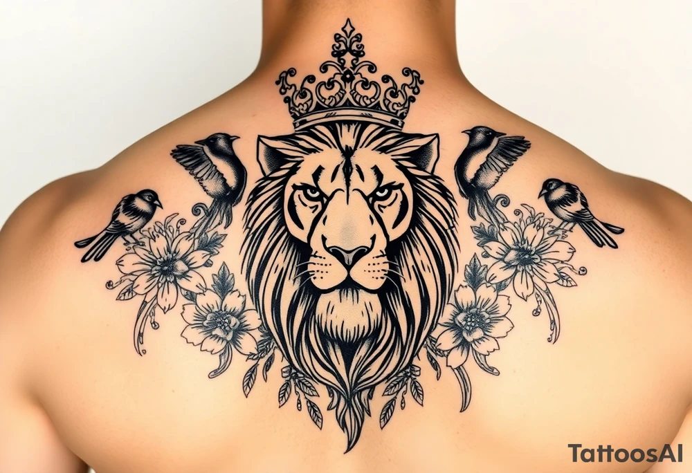 powerful majestic lion with a crown, surrounded by floral ornaments and birds tattoo idea
