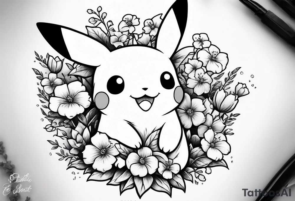 Pikachu Holding bouquet of forget me nots tattoo idea