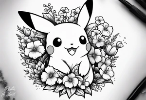 Pikachu Holding bouquet of forget me nots tattoo idea