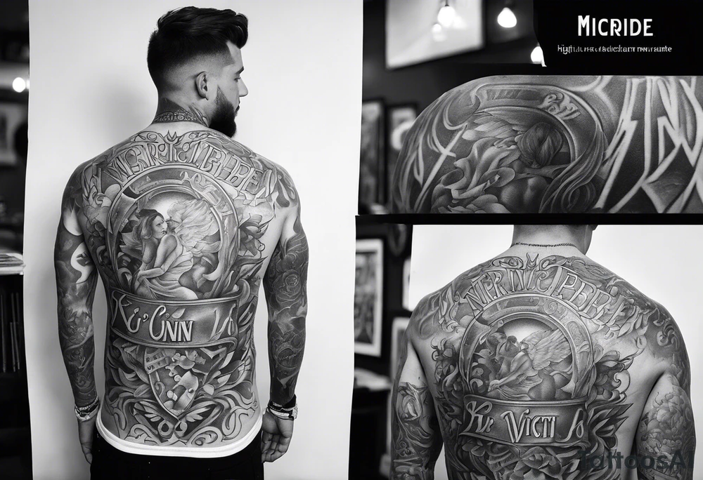 A full back piece themed on the surname mcbride. It should have a hand holding fire. It should have the text Vincit Pericula Virtus in large writing on it tattoo idea