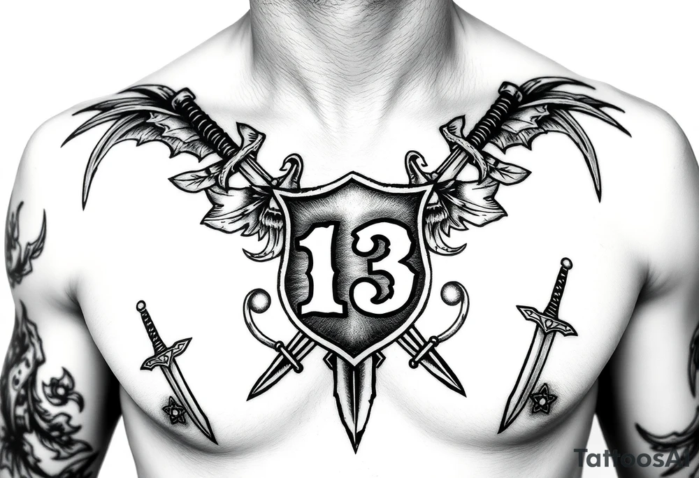 Family crest from Ireland with the Number 13, The Toledo Mudhens Baseball Team, And Demonic And Midevel dagger Featurs Made Into a full chest tattoo tattoo idea