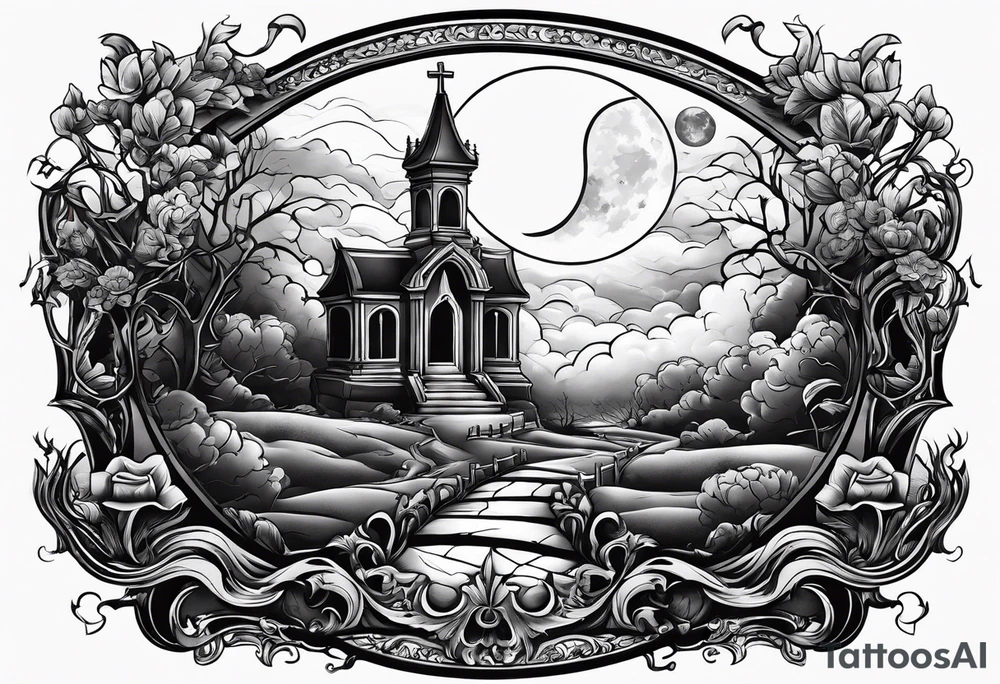Graveyard with moon and smoke tattoo idea
