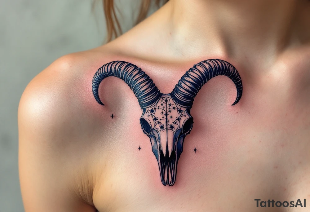 Bold black Capricorn stars constellation arch over a dark navy goat skull, blending astrology and mythology. tattoo idea
