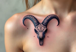 Bold black Capricorn stars constellation arch over a dark navy goat skull, blending astrology and mythology. tattoo idea