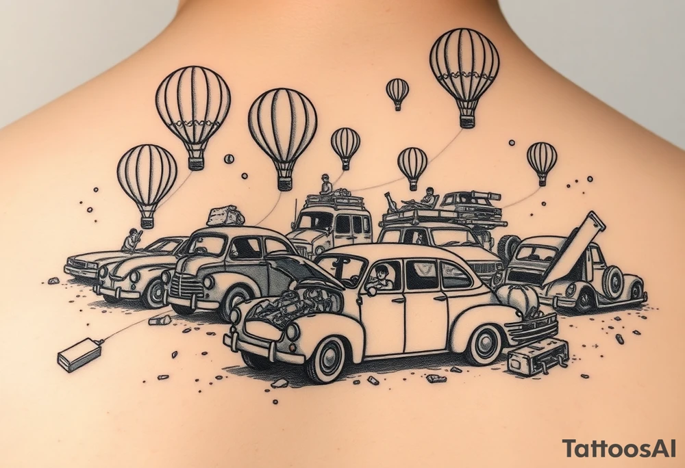 in a very steam punk vibe i want you to make a picture of a bunch of old beat up cars with people lounging in them and garbage and junk all up in and on them, tied to hot air balloons floating in the sky right about dusk and they are as far as the eye can see tattoo idea