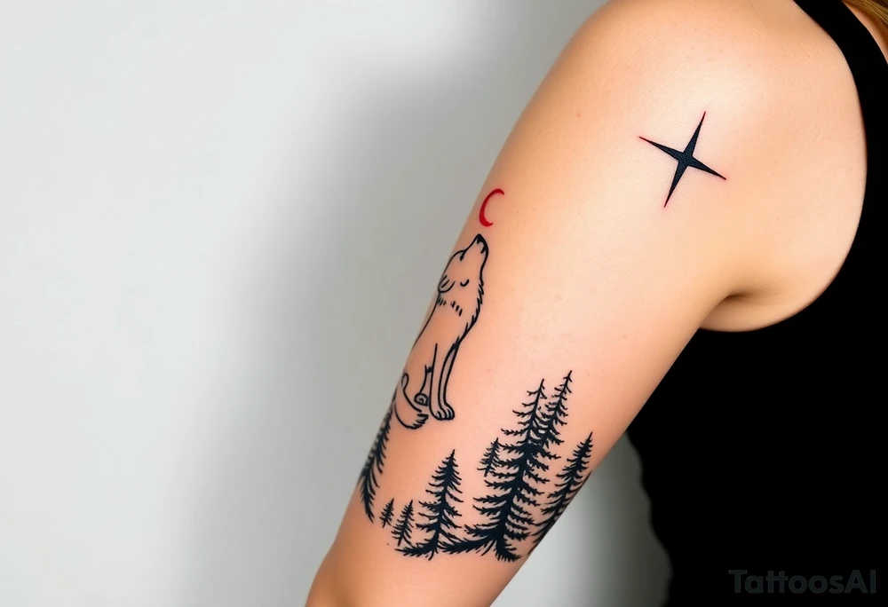 Lone wolf howling at the moon in the forest in the night Columba star tattoo idea