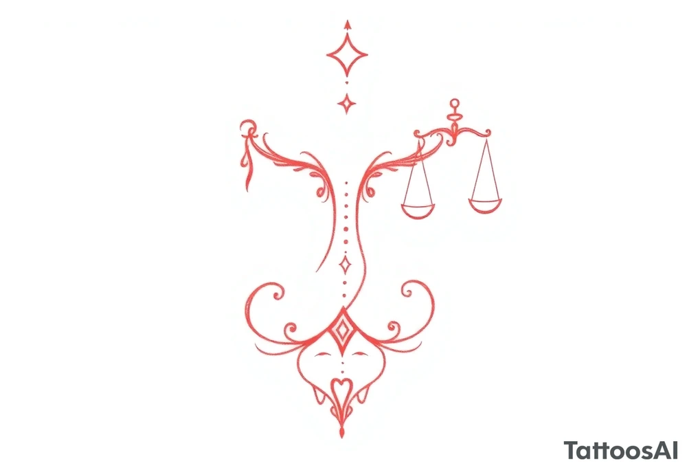 Tattoo that combines the star sign Taurus and Libra ,in red , down the spine tattoo idea