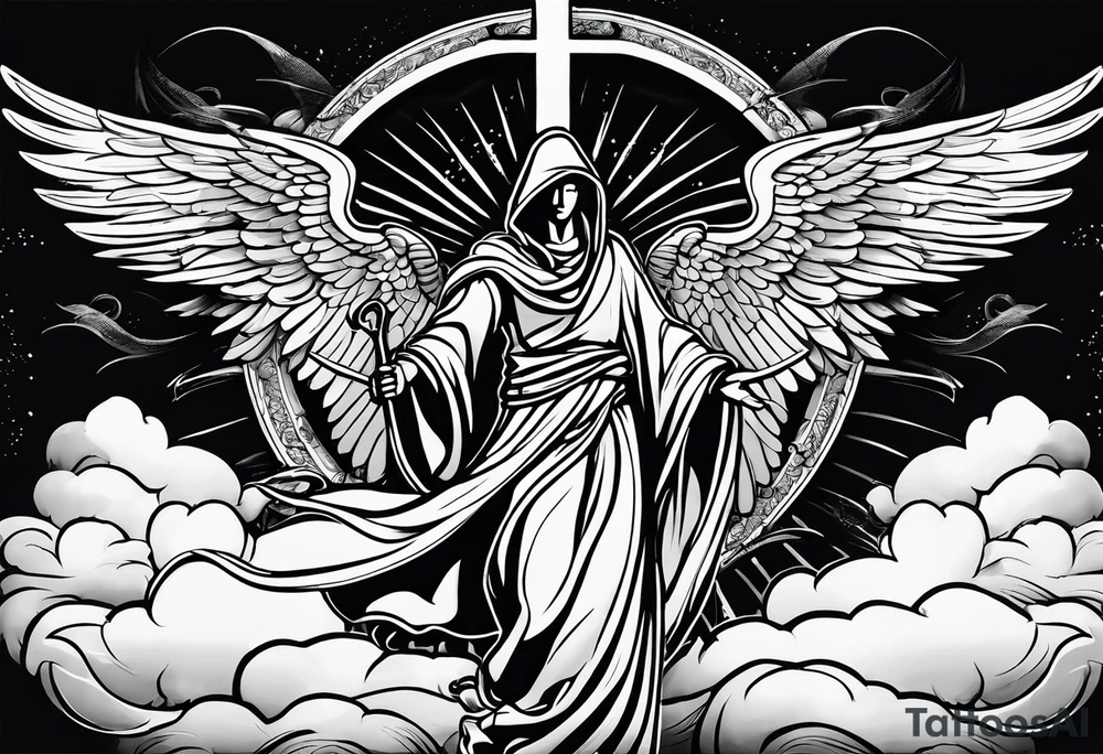 One male hooded angel with 3 angels in the back flying with clouds and shading with a cross in the background tattoo idea