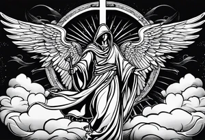 One male hooded angel with 3 angels in the back flying with clouds and shading with a cross in the background tattoo idea