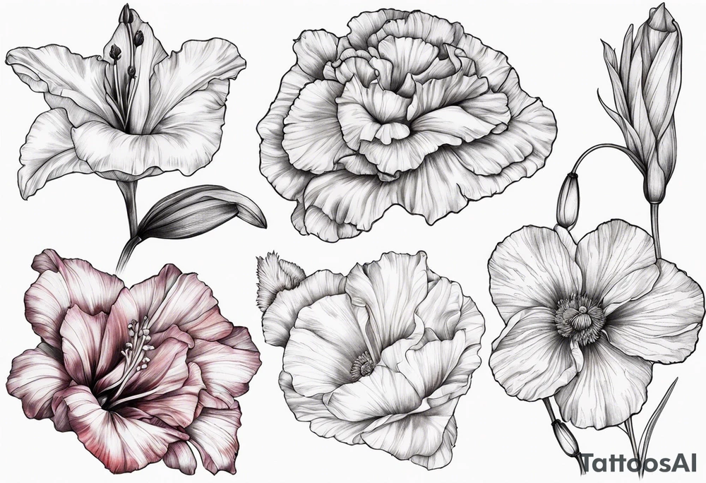 Gladiolus, Poppy, Daisy, Sweet Pea floral tattoo idea