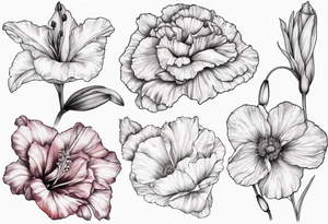 Gladiolus, Poppy, Daisy, Sweet Pea floral tattoo idea