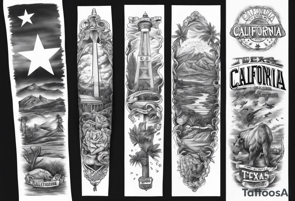 California on top and Texas on bottom theme arm sleeve tattoo idea