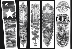 California on top and Texas on bottom theme arm sleeve tattoo idea