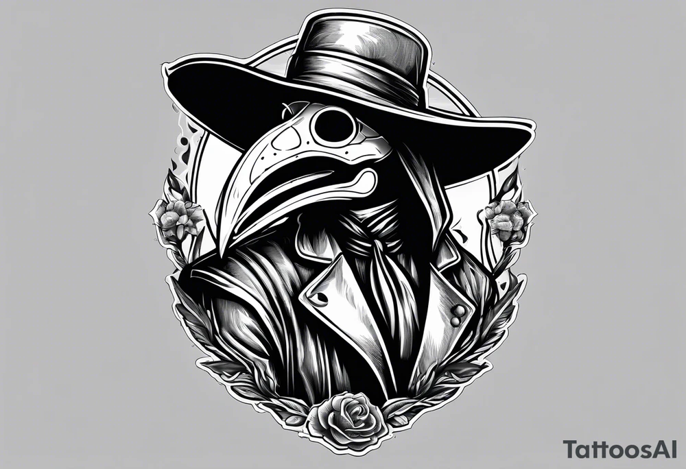 plague doctor with a skeleton hand holding medicine tattoo idea