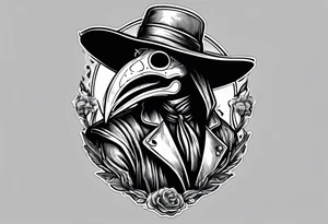 plague doctor with a skeleton hand holding medicine tattoo idea