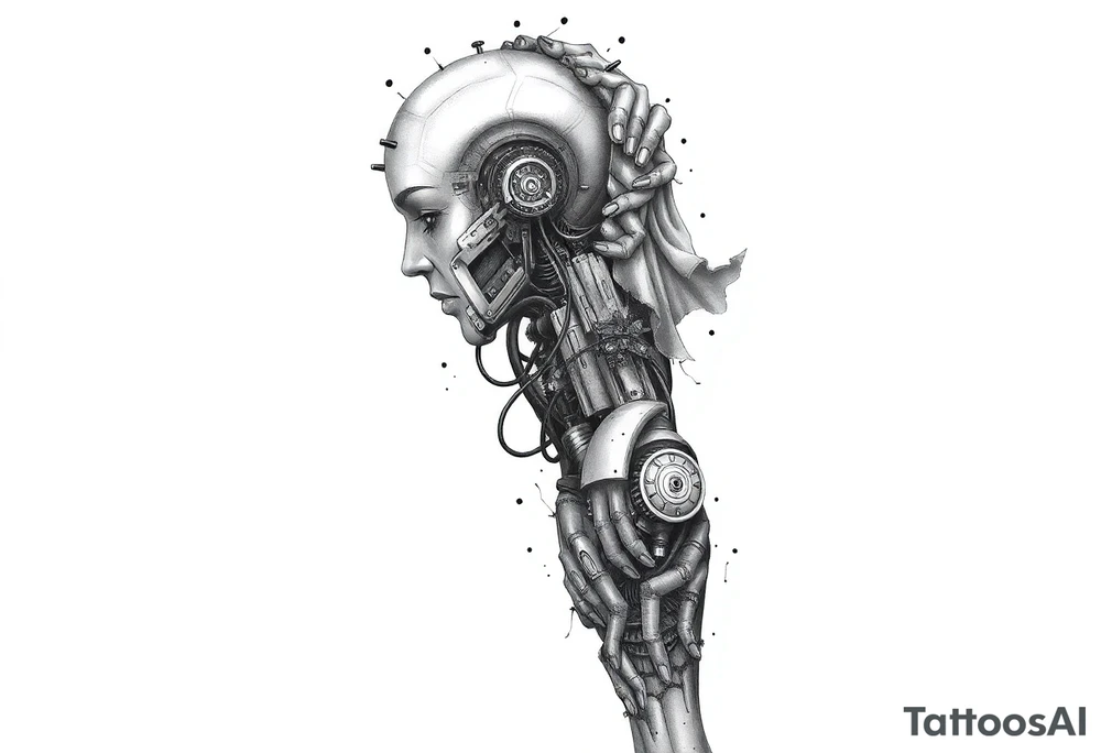 A full sleeve tattoo design for the right arm that starts at the hand and extends up to the right pectoral. The design features a melted skin effect, revealing detailed robotic parts and mechanical components underneath. The melted skin appears torn and organic, seamlessly transitioning to intricate gears, wires, and futuristic machinery beneath, creating a striking fusion of human and robotic elements. tattoo idea