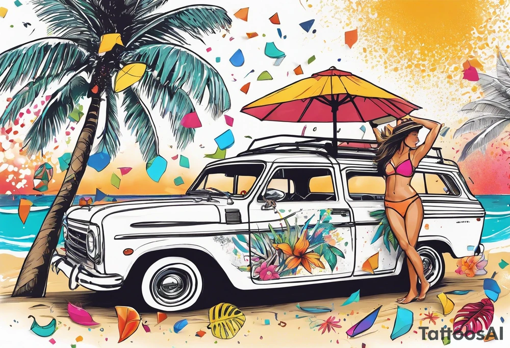 SURFING SAFARI BEACH DANCE 
PARTY WITH CONFETTI AND MUSIC NOTES, TROPICAL DRINKS, SEXY BIKINIS tattoo idea