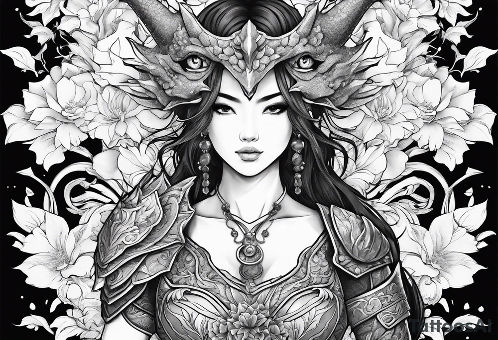 beautiful warrior woman wearing dragon armor and a floral background and a dragon a full picture tattoo idea