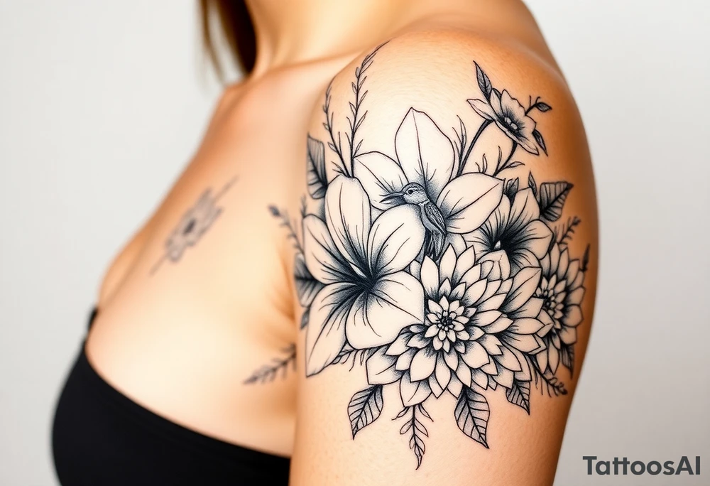 Can you create an image of a tattoo that will go on my upper arm including the following floral arrangement done very light handed and with soft lines- 1 large violet, 1 large carnation, 1 large lily of the valley, 1 large narcicuss, 1 medium carnation, 1 medium violet, 1 small dafodil, 2 small water lillies, and 1 small chrysanthemum. Add a small hummingbird drinking out of the large narcicuss. I want it on my upper right arm on the outside but slightly wrapping around the outer arm. I would like some greenery to fill in spaces as well. Make it large enough to fill my upper arm. I want the flowers to have dramatic and realistic shading. Make the tattoo more vertical than horizontal and put it on a female's arm with medium tan skin. tattoo idea