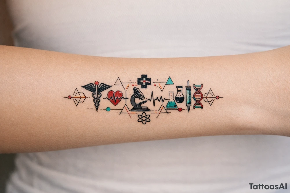 Now, based on the picture I've liked, make it 3 times wider, and add medical theme, and keep the original band and color theme. tattoo idea