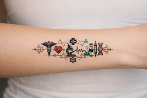 Now, based on the picture I've liked, make it 3 times wider, and add medical theme, and keep the original band and color theme. tattoo idea