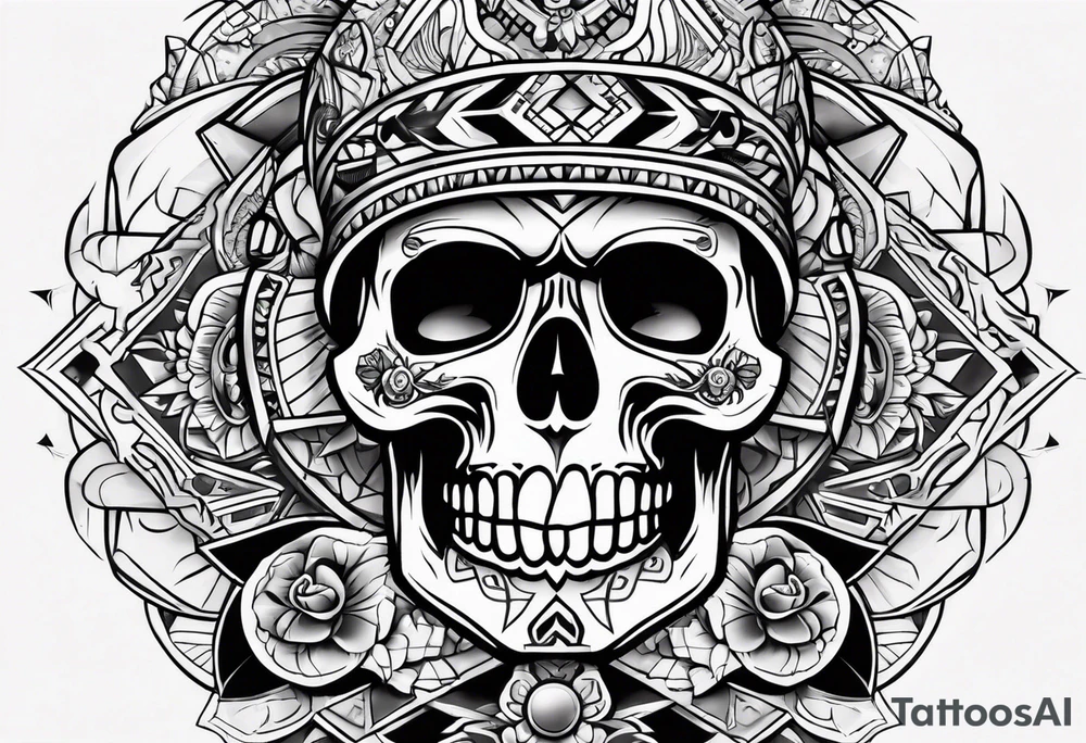 Old school knee tattoo with skulls and mayan symbols tattoo idea