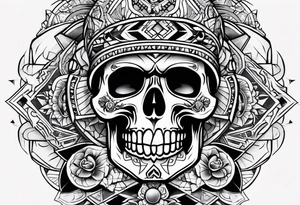 Old school knee tattoo with skulls and mayan symbols tattoo idea