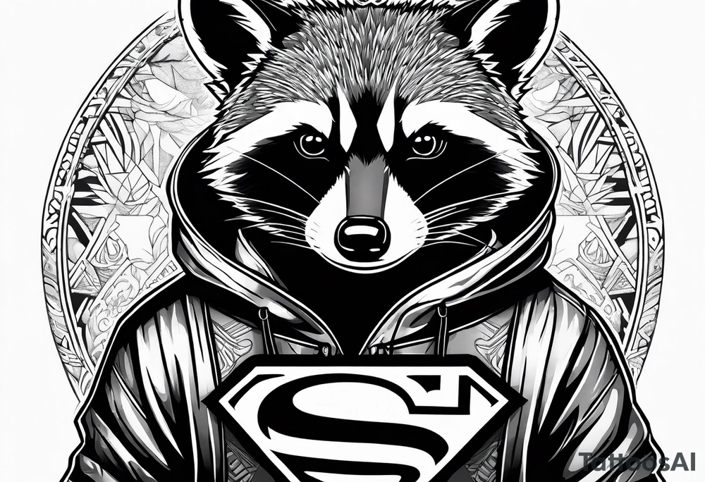raccoon wearing a Superman hoodie tattoo idea