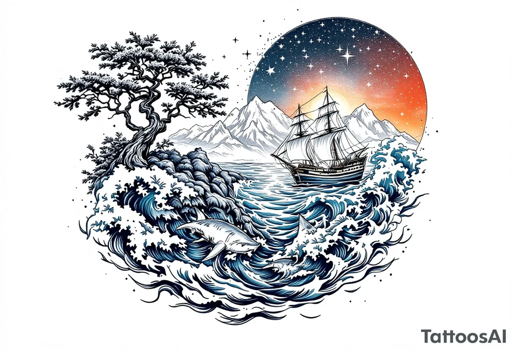 tattoo that has an acacia tree with mountains, ocean with a ship wreck with sharks and the northern star tattoo idea