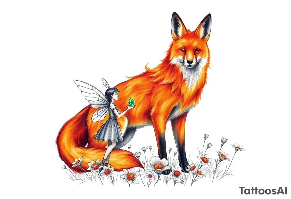 Fox made of fire with a fairy standing close to it  holding a emerild jem in a field of lillys tattoo idea