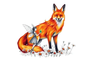 Fox made of fire with a fairy standing close to it  holding a emerild jem in a field of lillys tattoo idea