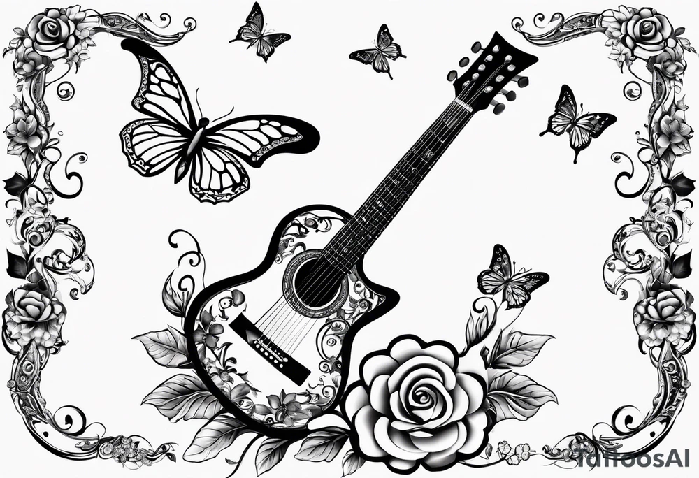 Guitar in shape of treble clef with flowers growing off the side, butterflies, small tattoo idea