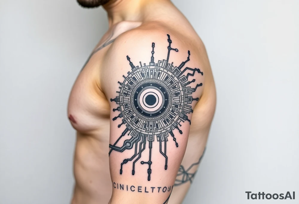 Bio-Mechanical internal computer, binary code, symbolism for 6 kids, 5 boys and youngest is a girl tattoo idea