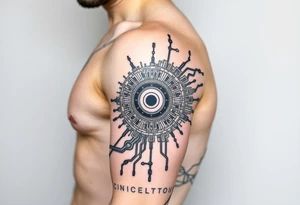 Bio-Mechanical internal computer, binary code, symbolism for 6 kids, 5 boys and youngest is a girl tattoo idea