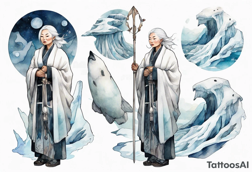 a 40 year old Inuit woman with white hair and a white robe holding a silver and white staff, standing on an iceberg tattoo idea
