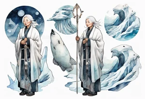 a 40 year old Inuit woman with white hair and a white robe holding a silver and white staff, standing on an iceberg tattoo idea