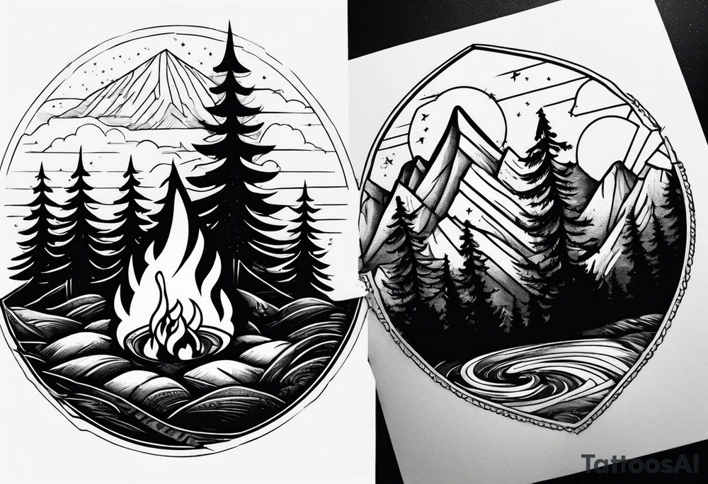 Small campfire in the center, right side: an evergreen tall tree, left side: mountain stream tattoo idea