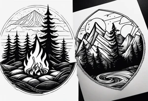 Small campfire in the center, right side: an evergreen tall tree, left side: mountain stream tattoo idea