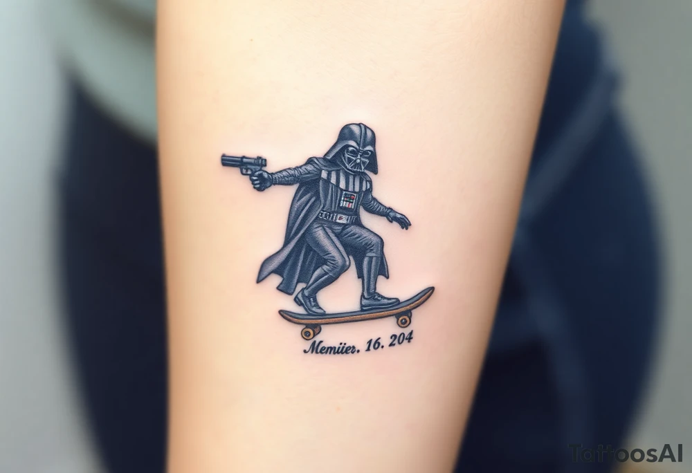 Darth Vader skateboarding with gun> bullets > memorial > god > colors > futuristic/space/star wars
add name "Darth Carter" on skateboard
add date 12/29/88-01/06/24 tattoo idea
